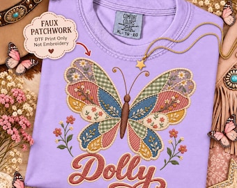 Faux Patchwork Dolly Butterfly  Comfort Colors T-Shirt, Country Music Legend Tee, Vintage Southern Belle Graphic TShirt