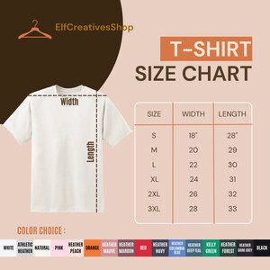 May include: T-shirt size chart with measurements in inches. The chart shows sizes from S to 3XL with corresponding width and length measurements. The chart is on a light pink background with a white t-shirt illustration and a color choice section with various colors.