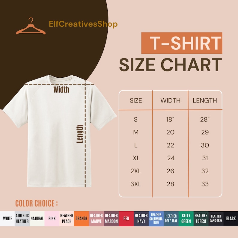 May include: T-shirt size chart with measurements in inches. The chart shows sizes from S to 3XL with corresponding width and length measurements. The chart is on a light pink background with a white t-shirt illustration and a color choice section with various colors.