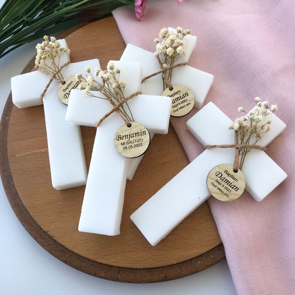10 Stück Taufgeschenke mit personalisierter Kreuzseife, Tauf-Souvenirs für Gäste, Erstkommunion-Geschenke für Mädchen und Jungen, Bautizo, Kreuz-Geschenke