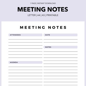 Printable Meeting Notes Template | Meeting Minutes | Meeting Agenda | Business Note Taking | A4 | A5 | Letter | Instant Download PDF