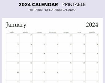 2024 Calendar | Printable Calendar | Editable Calendar | Minimalist Monthly Calendar