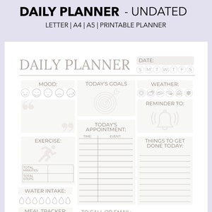 Daily Planner | Printable | Undated | Daily Planner Inserts | Appointment Schedule | Exercise Tracker | A5 Planner | A4 | Letter | PDF