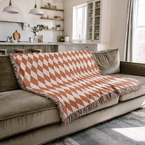 Burnt Orange Woven Throw Blanket Mid Century Modern Couch Decor Terracotta Diamond Pattern Harlequin Style Retro Living Room Accent
