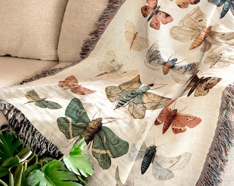 Moth Throw Blanket Woven Textile Cottagecore Aesthetic Nature Decor Insect Illustration Tapestry Wall Hanging Decoration Boho Bedroom Autumn