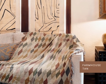 Diamond Pattern Woven Blanket Checkered Fringe Throw Boho Farmhouse Style Cotton Baby Blanket Rustic Southern Decor