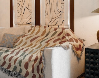 Organic Shape Throw Blanket Red Mustard Green Woven Cotton Mid Century Modern Sofa Decor Retro Curve Pattern Wall Tapestry