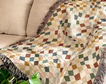Cotton Throw Blanket Woven Quilt Retro Style Checkered Pattern Diamond Texture Soft Cozy Home Decor Boho Autumn Design Nursery Accessory