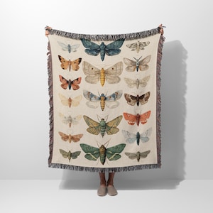 Cottagecore Moth Tapestry Blanket Woven Throw for Nature Lover Gift Entomology Insect Diagram Decor Boho Fringe Blanket Luna Moth Accent