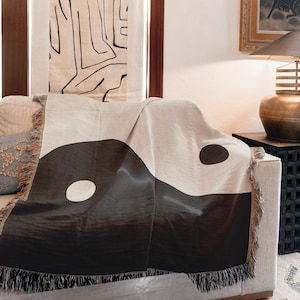 Yin Yang Throw Blanket Cotton Woven Design Black White Pattern Tassel Edge Detail Boho Style Accent Meditation Room Essential Zen Space Decor Minimalist Home Aesthetic Premium Quality Material Comfortable Warm Year Round Use Living Room