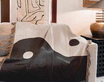 Yin Yang Throw Blanket Cotton Woven Tassel Edge Boho Black White Meditation Room Zen Decor Urban Outfitters Minimalist Style Couch Cover