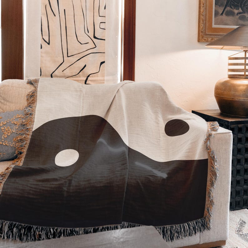 Yin Yang Throw Blanket Cotton Woven Design Black White Pattern Tassel Edge Detail Boho Style Accent Meditation Room Essential Zen Space Decor Minimalist Home Aesthetic Premium Quality Material Comfortable Warm Year Round Use Living Room