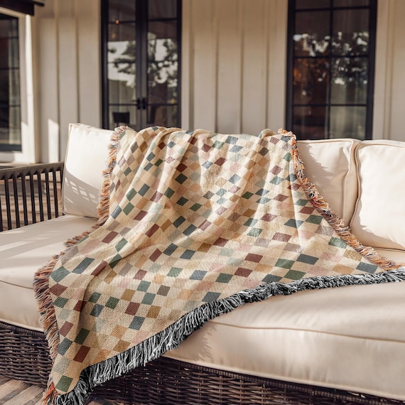 Neutral Checkered Cotton Blanket Terracotta Throw Blanket Woven