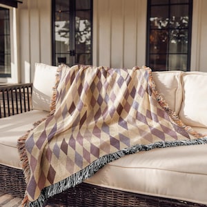 Blush Purple Diamond Woven Throw Harlequin Checkered Fringe Blanket Cotton Boho Farmhouse Sofa Throw Pastel Nursery Baby Woven Blanket