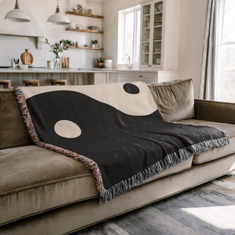Boho Throw Blanket Yin Yang Pattern Black White Design Cotton Woven Material Tassel Edge Detail Artisan Quality Construction Minimalist Home Decor Zen Space Accent Meditation Room Essential Urban Style Aesthetic Modern Living Room Accessory