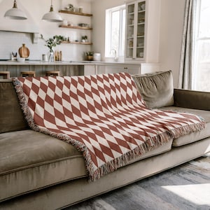 Brick Red Diamond Woven Blanket Mid Century Throw Blanket Harlequin Pattern Fringe Couch Throw Cozy Boho Farmhouse Baby Blanket