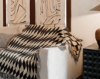 Black Checkered Throw Blanket Diamond Pattern Woven Cotton Harlequin Retro Mid Century Fringe Art Deco Throw