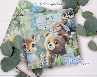 Personalizable baby album with cute forest animals, lovingly illustrated baby book, the first baby year to stick in and write on!