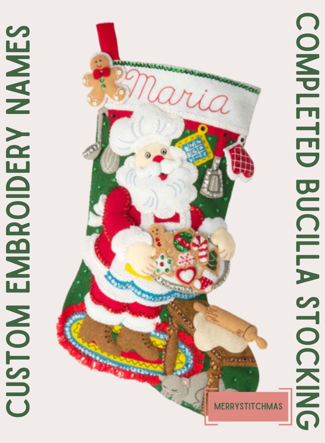 Completed Bucilla Christmas Stocking Gingerbread Santa, Christmas Gift