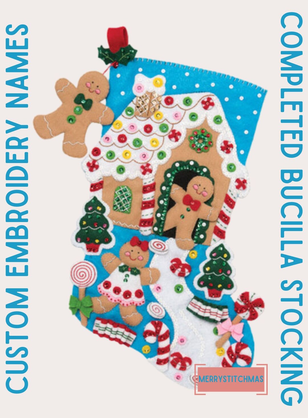 Completed Bucilla Christmas Stocking Gingerbread Dreams, Gingerbread