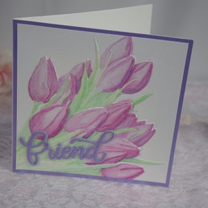 Water colored embossed pink tulip friend card