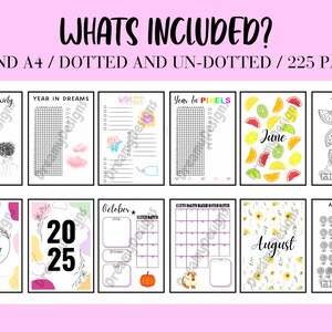 May include: A set of printable planner pages in black and white. The pages include a year in anxiety tracker, year in dreams tracker, wishlist, year in pixels tracker, June mood tracker, August mood tracker, a 2025 calendar, an October calendar, and a monthly calendar. The pages are designed for A5 and A4 sizes.