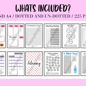 May include: A digital planner with 225 pages in A4 and A5 sizes. The planner includes a variety of pages for daily, weekly, and monthly planning, as well as pages for tracking habits, mood, sleep, and water intake. The planner is available in both dotted and un-dotted versions.