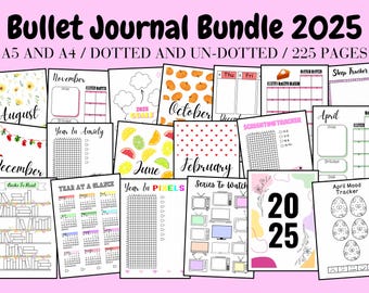 2025 Cyfrowy/Drukowany Bullet Journal, Dziennik Bullet w formacie PDF, Kropkowany i niekropkowany Bullet Journal, Dziennik Bullet A5, Dziennik Bullet A4