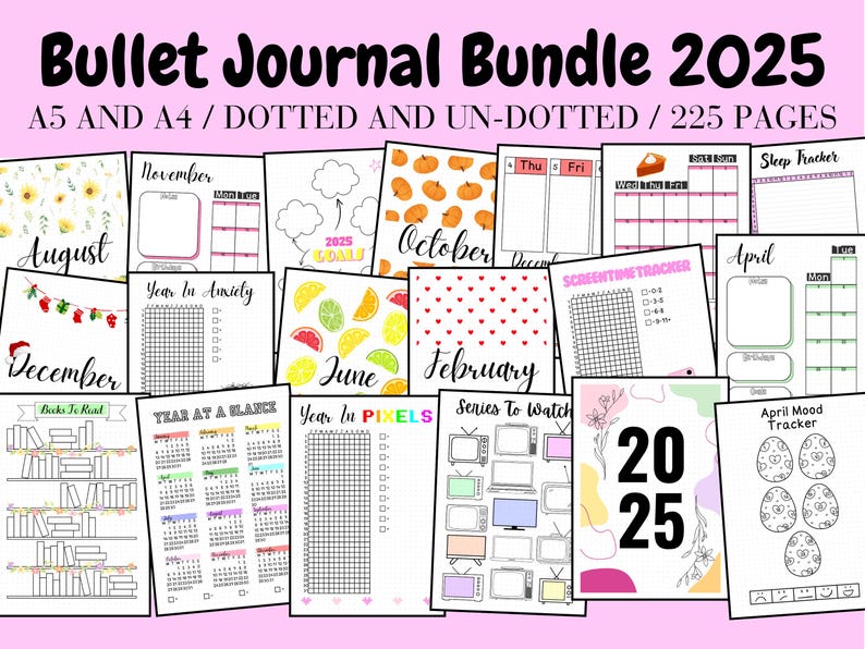 May include: A collection of printable bullet journal pages for 2025. The pages feature a variety of themes, including monthly calendars, habit trackers, mood trackers, and more. The pages are designed for use with A5 and A4 notebooks. The text "Bullet Journal Bundle 2025" is at the top of the image.