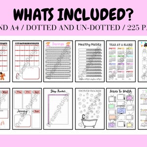 May include: A digital planner with 225 pages, including monthly calendars, habit trackers, savings trackers, and more. The planner is available in A4 and A5 sizes and comes in both dotted and un-dotted versions.