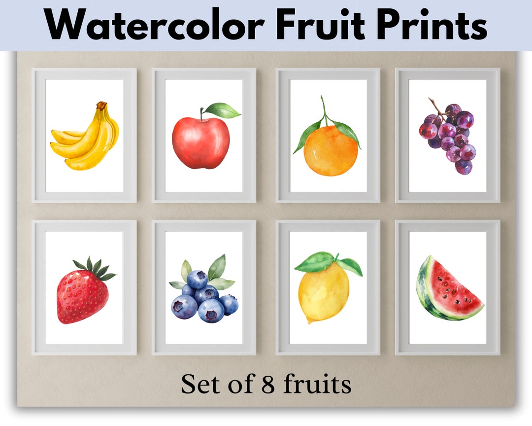 Watercolor Fruit Prints, Set of 8 Fruits, Fruit Wall Art, Nursery Wall