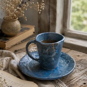 Kintsugi Blue Tea Coffee Cup Set Handmade Ceramic Espresso Cup Saucer Wabi Sabi