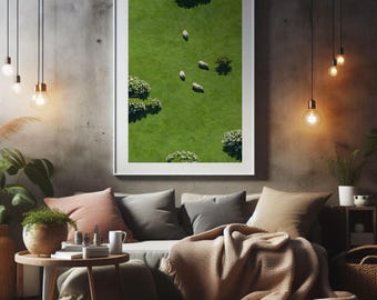 Aerial Sheep Field Print, Minimal Farm Landscape, Green Pasture Wall Art (Digital Download)