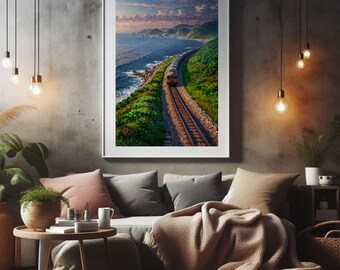 Coastal Train Landscape Wall Art, Ocean Railway Print, Scenic Travel Canvas, Summer Nature Decor