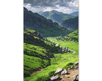 Alpine Valley Scenic Canvas Print, Rolling Hills and River Landscape Wall Art
