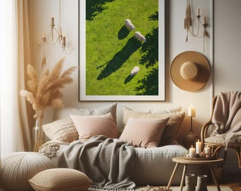Minimal Sheep Meadow Wall Art, Aerial Landscape Print (Digital Download)