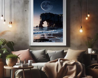 Ocean Rock Arch Print, Moonlit Sea Landscape, Coastal Night Wall Art (Digital Download)