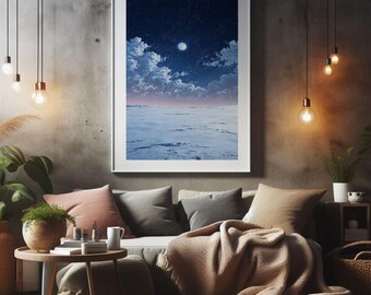 Moonlit Snow Landscape Print, Starry Night Sky Wall Art (Digital Download)