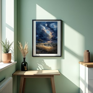 Golden Field at Dusk – Dramatic Cloudscape Landscape Painting Print, Moody Sunset Nature Wall Art