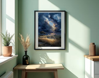 Golden Field at Dusk – Dramatic Cloudscape Landscape Painting Print, Moody Sunset Nature Wall Art