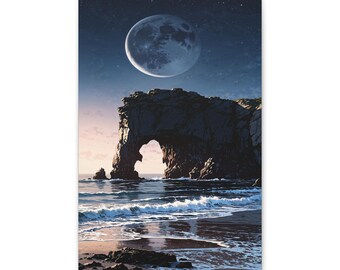 Moonlit Silence Canvas Wall Art, Starry Sky Landscape Print, Minimal Night Decor