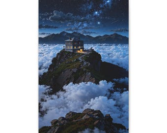 Mountain House Above Clouds Canvas Art, Starry Night Alpine Landscape Print
