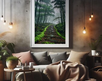 Misty Bamboo Forest Path Print, Zen Nature Landscape, Calm Asian Decor (Digital Download)