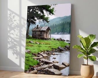 Lone Cabin by the Lake Canvas Wall Art, Peaceful Forest Landscape Print, Nature Retreat Decor