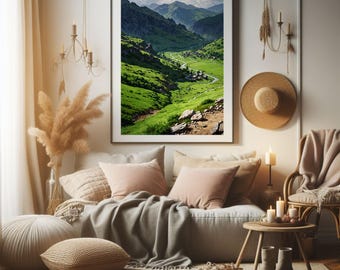 Mountain Valley Landscape Print, Alpine Village Wall Art (Digital Download)