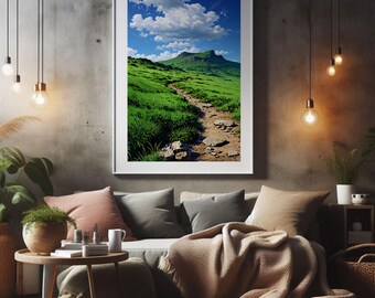 Green Hills Landscape Wall Art, Mountain Path Print, Scenic Nature Canvas, Peaceful Countryside Decor