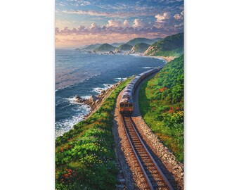 Coastal Train Landscape Canvas Print, Starry Night Alpine Scenery Wall Art