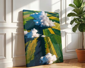 Clouds Over Farmland Canvas Wall Art, Dramatic Sky Aerial Landscape Print, Nature Panorama