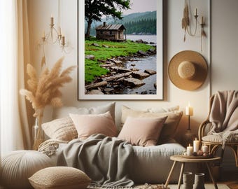 Rustic Cabin Lake Landscape Print, Cozy Forest River Scene Wall Art (Digital Download)