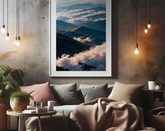 Layered Mountain Wall Art, Misty Peaks Landscape Print, Atmospheric Nature Canvas, Calm Mountain Decor